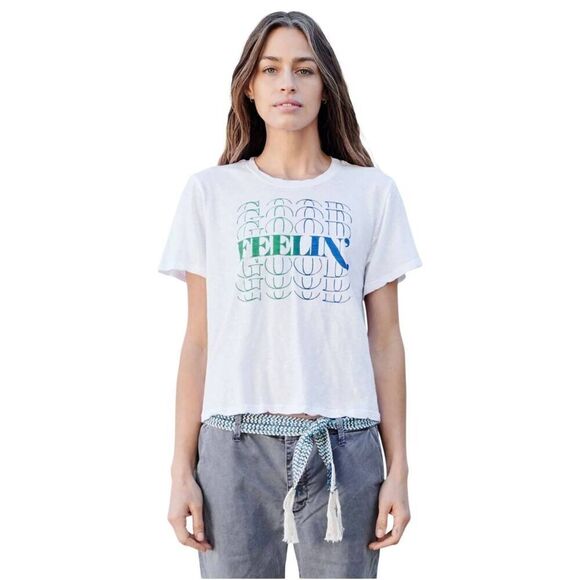 Sundry Women's White Cotton w Navy & Green Feelin' Good Graphic Short Sleeve Cre - Picture 1 of 11